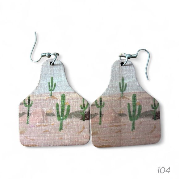 Western Cactus Print Wooden Earrings - Picture 2 of 6